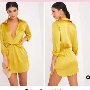 Twist front silky shirt dress